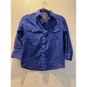 VIntage West Advanture Blue Metallic Stripe Western Button Up Shirt Boys L